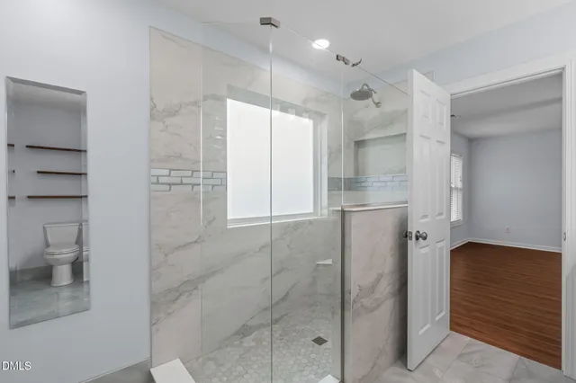 a bathroom with a shower and a toilet