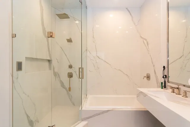 a bathroom with a bathtub and a shower