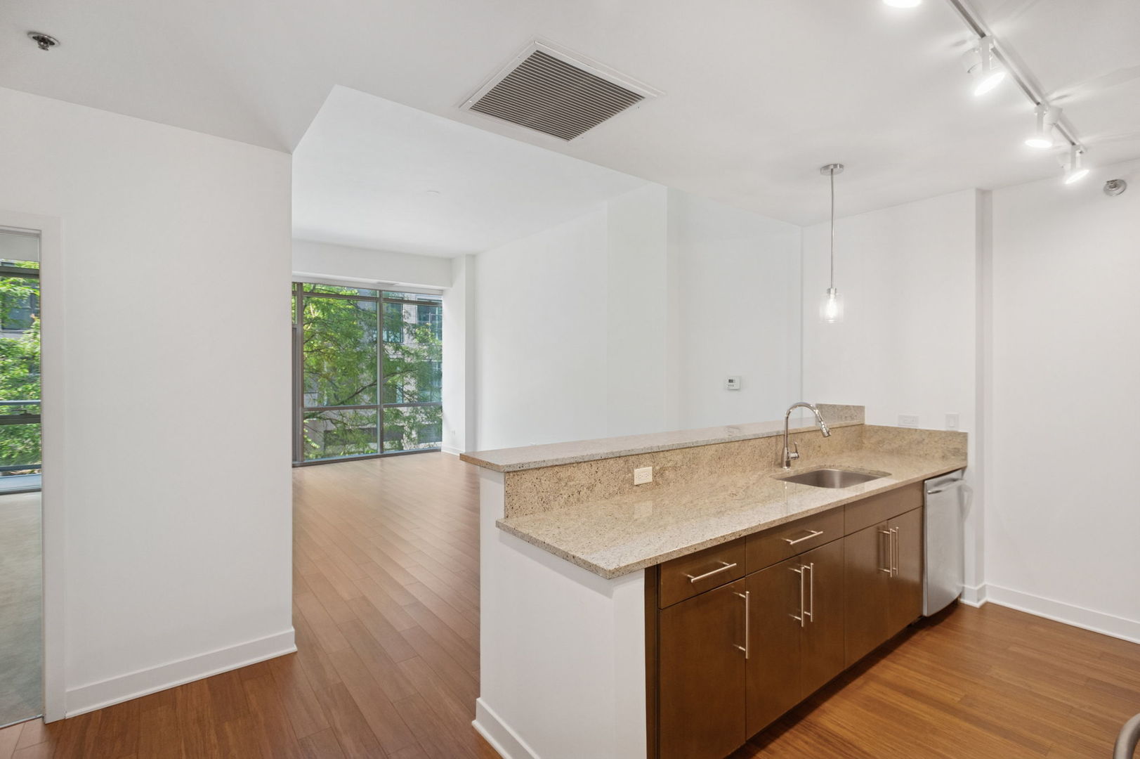 125 South Green Street, Unit 209A Chicago, IL 60607 - Photo 2 of 16 a view of a kitchen with a sink and dishwasher with wooden floor