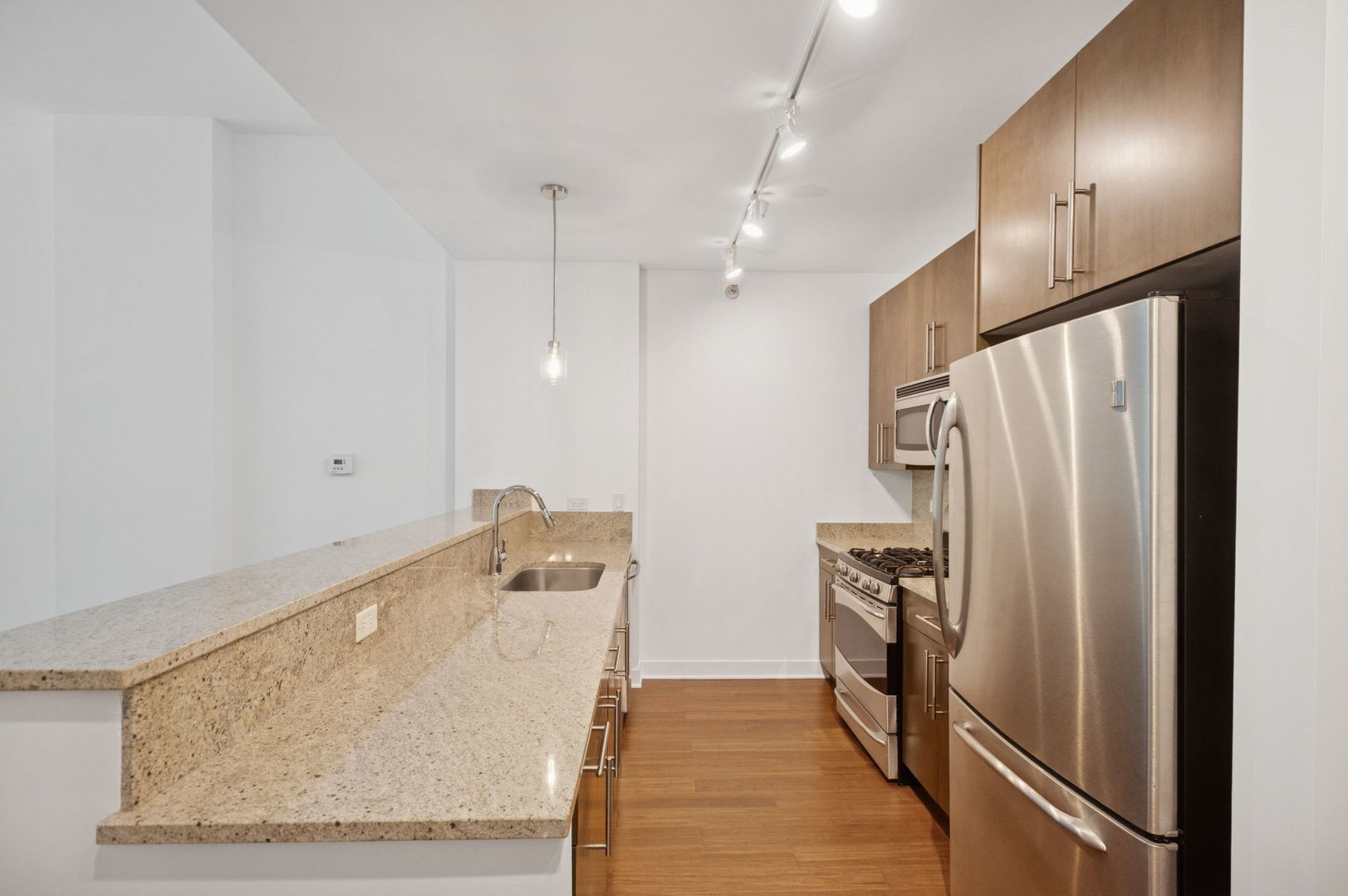 125 South Green Street, Unit 209A Chicago, IL 60607 - Photo 6 of 16 a kitchen with stainless steel appliances granite countertop a refrigerator and a sink