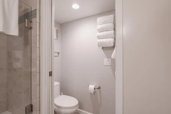 a white toilet sitting next to a shower