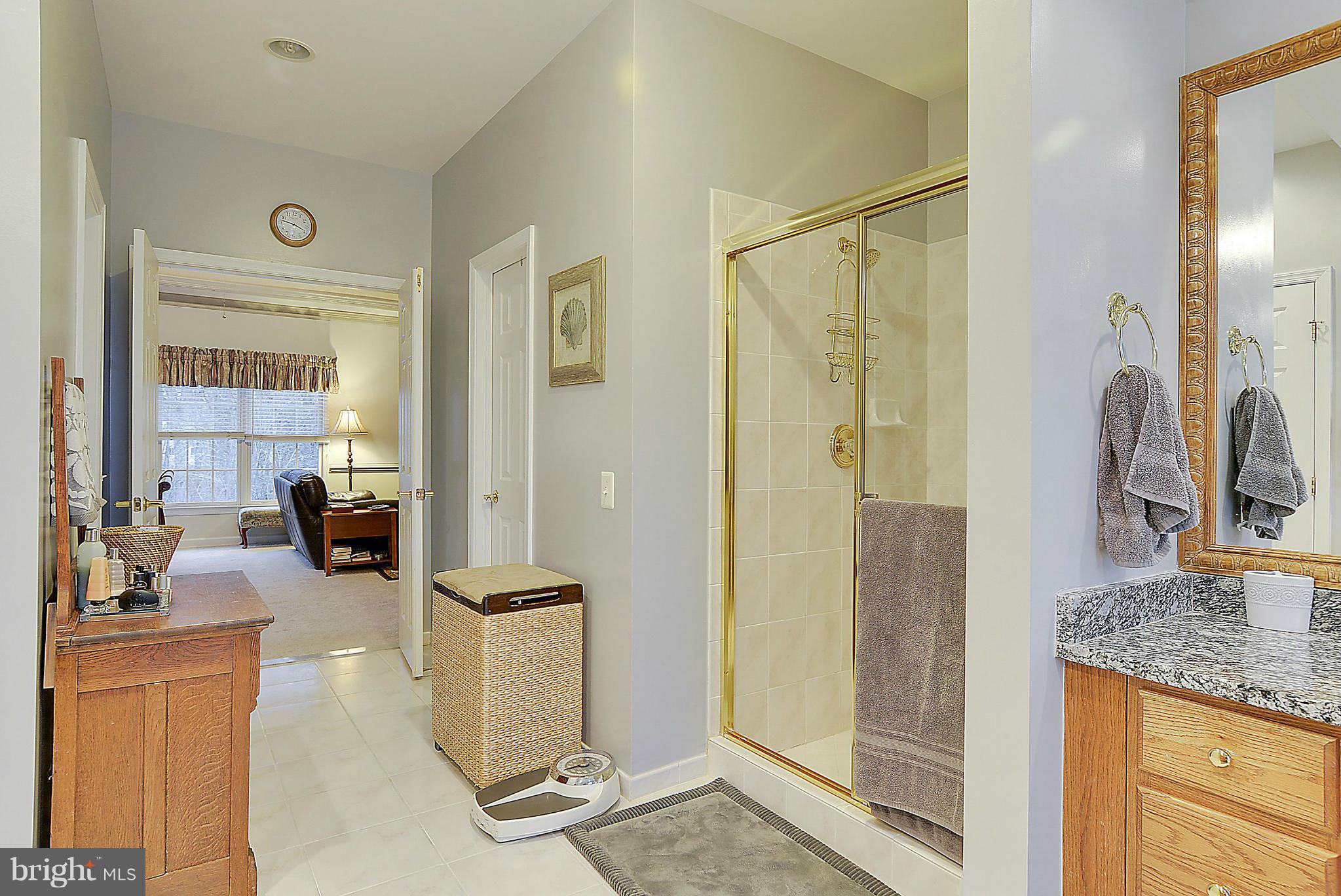 7406 Spring Summit Road Springfield, VA 22150 - Photo 17 of 30 a bathroom with a granite countertop sink a mirror and shower