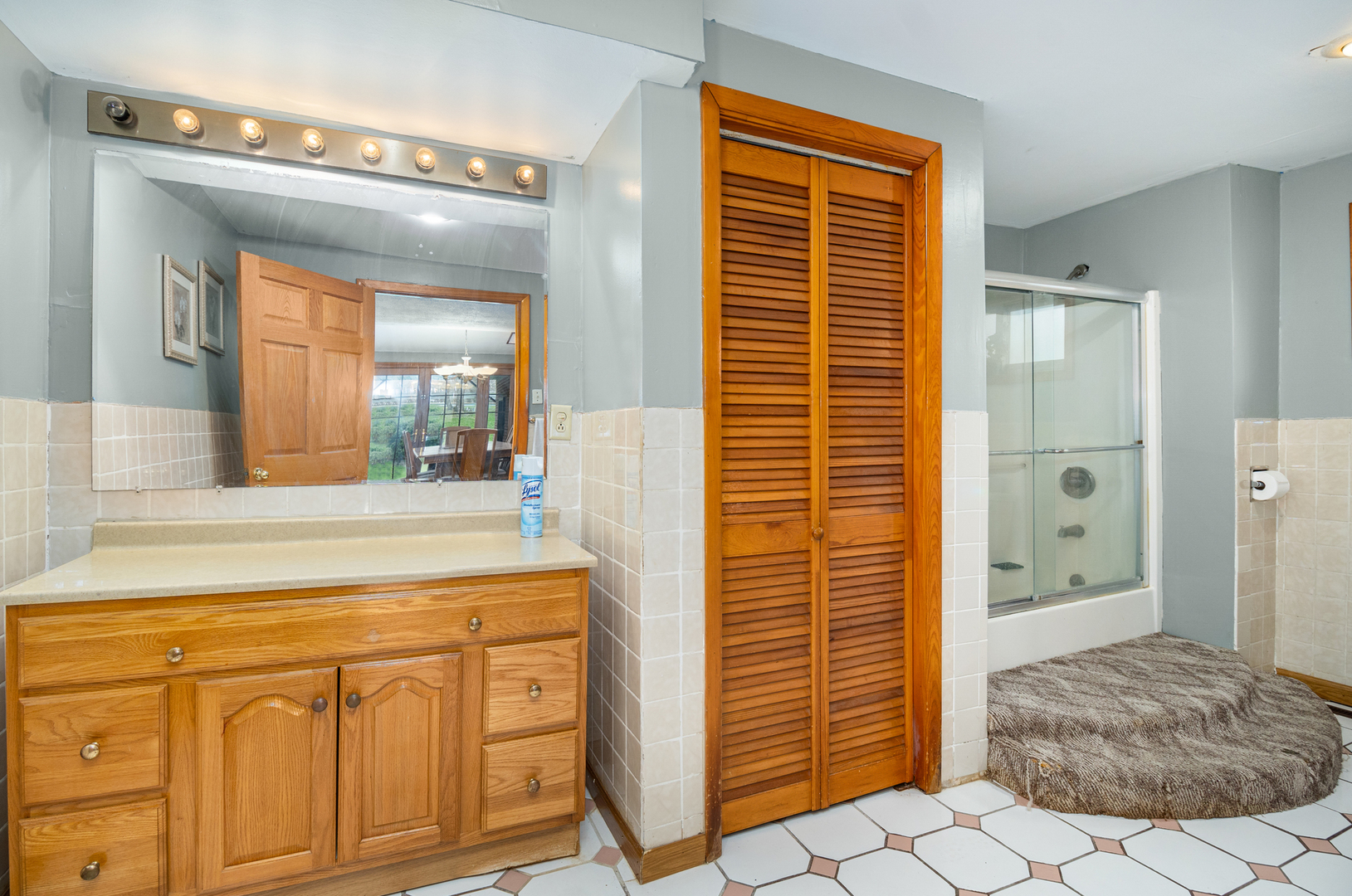 818 Clinton Street Lockport, IL 60441 - Photo 11 of 23 a spacious bathroom with a shower a sink and a mirror