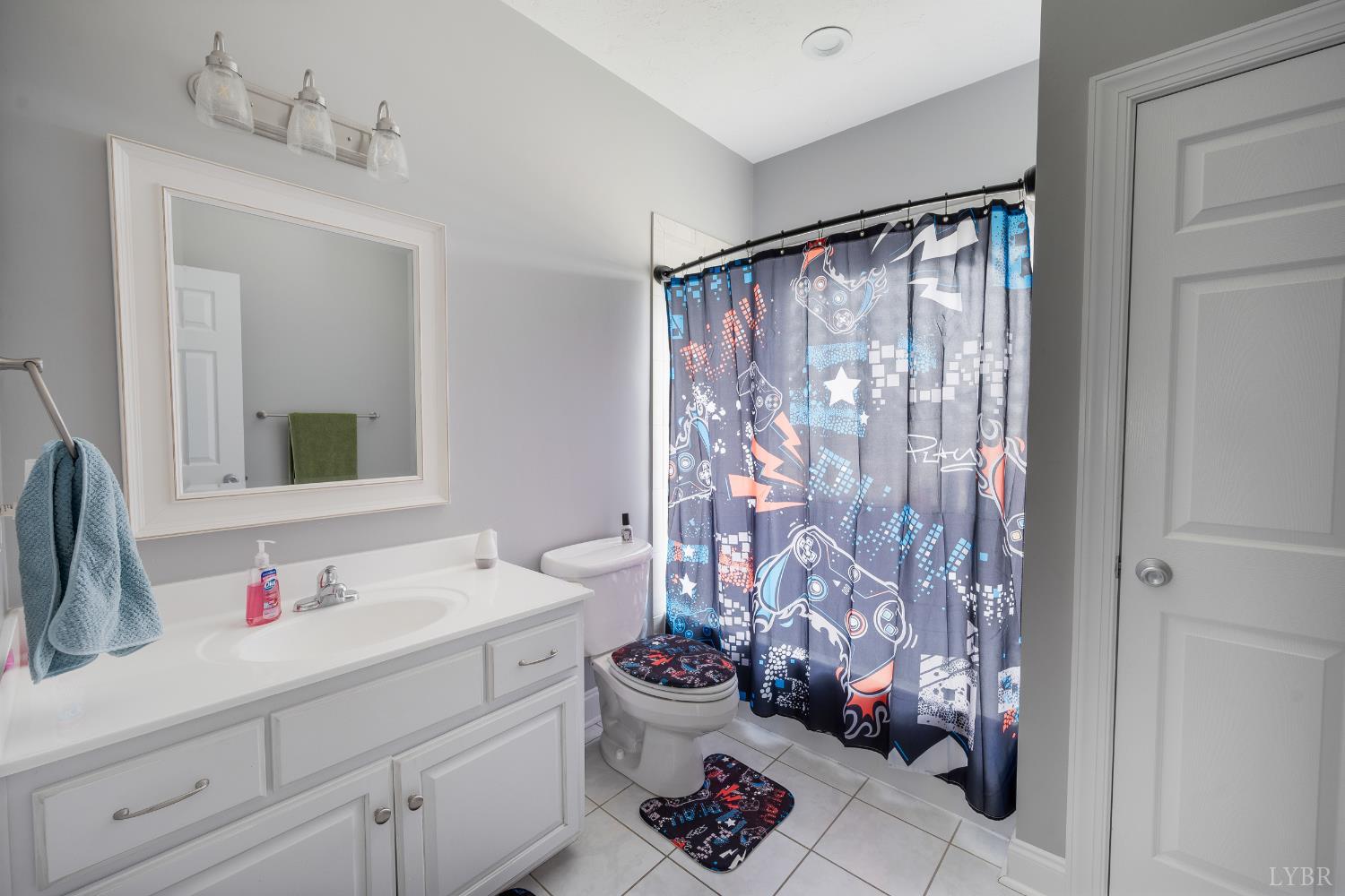 101 Little Creek Road Moneta, VA 24121 - Photo 40 of 76 a bathroom with a sink mirror and shower curtain