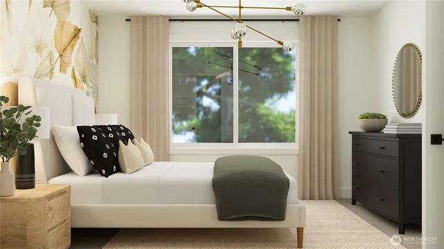 a view of a dining room with furniture and window