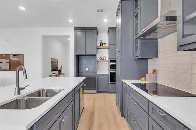 a kitchen with white cabinets and black appliances