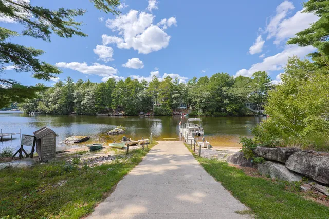 a view of a lake with a yard and a large tree