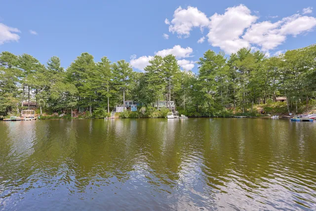 a view of a lake with houses in the background
