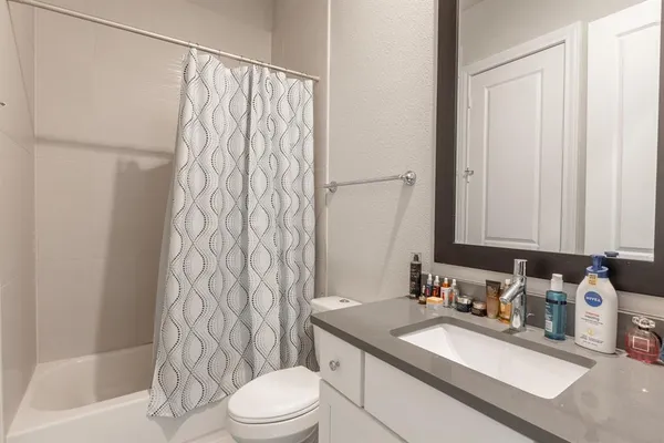 a bathroom with a sink a toilet and shower curtain