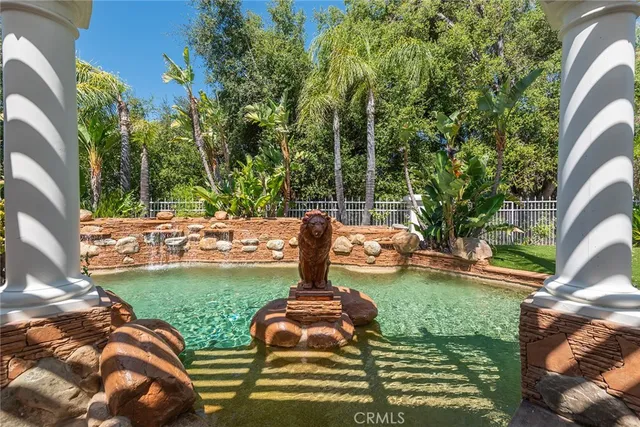 a garden view with a seating space