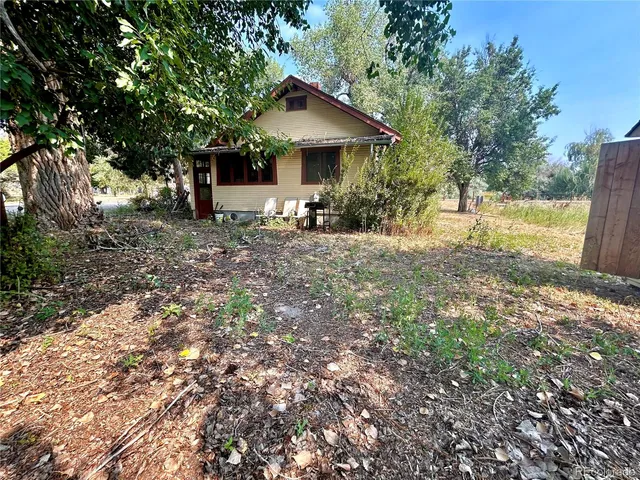 a view of a house with backyard and a tree