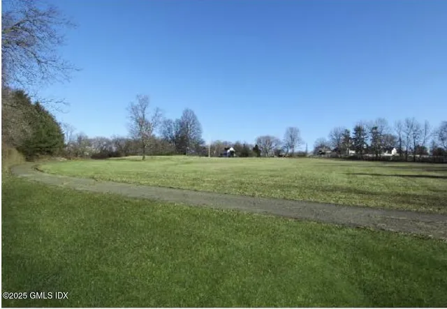 a view of a field with an trees in the background
