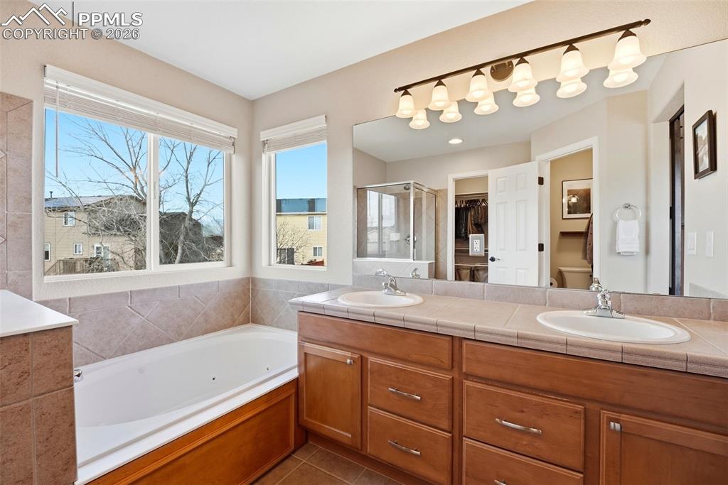 8318 Shadow Run Lane Fountain, CO 80817 - Photo 24 of 50 a bathroom with a tub a sink and a large mirror