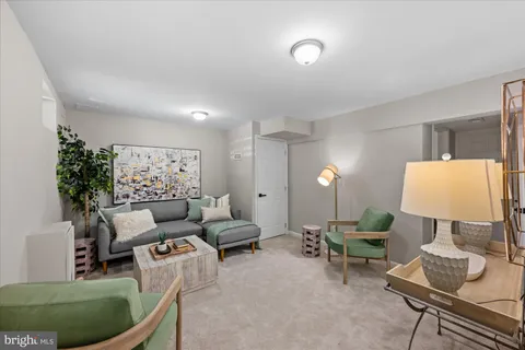 a living room with furniture and a potted plant
