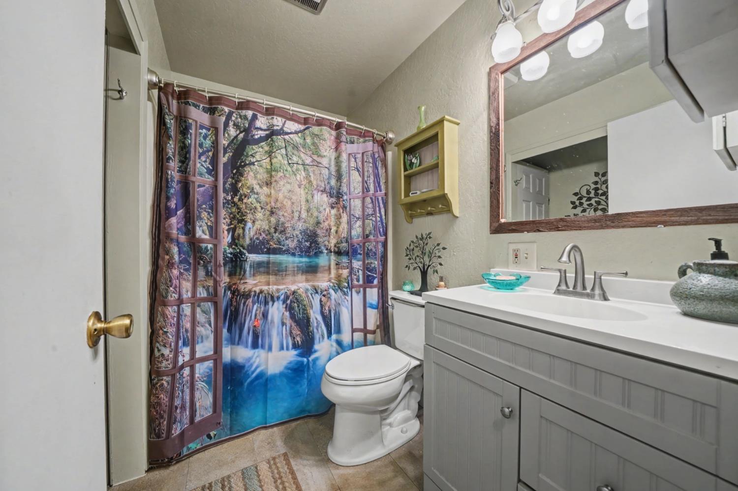6145 Swiss Ranch Road Mountain Ranch, CA 95246 - Photo 31 of 84 a bathroom with a granite countertop sink toilet a mirror and shower