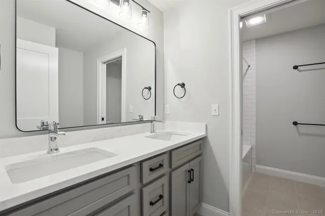 a bathroom with a sink and a mirror