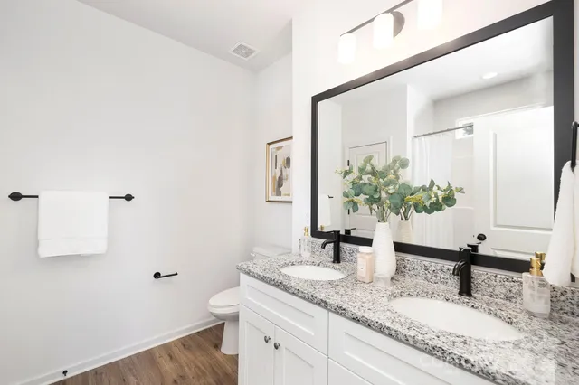 a bathroom with a granite countertop sink a toilet and mirror