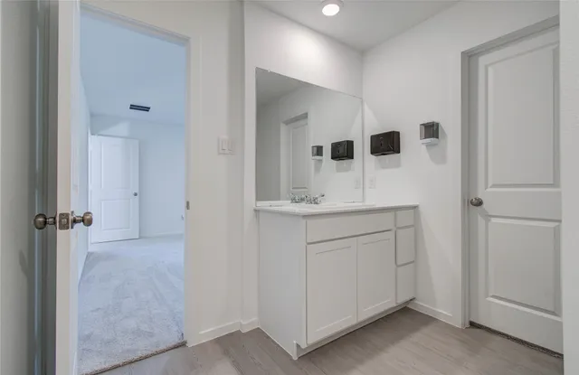 a bathroom with a sink and mirror