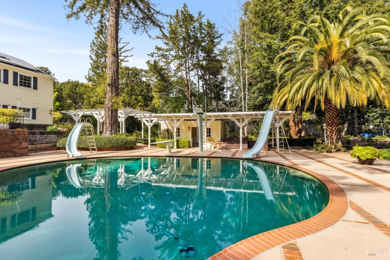 110 Mountain View Avenue San Rafael, CA 94901 - Photo 32 of 83 Beautiful custom pool with high and low diving boards plus 2 water slides.