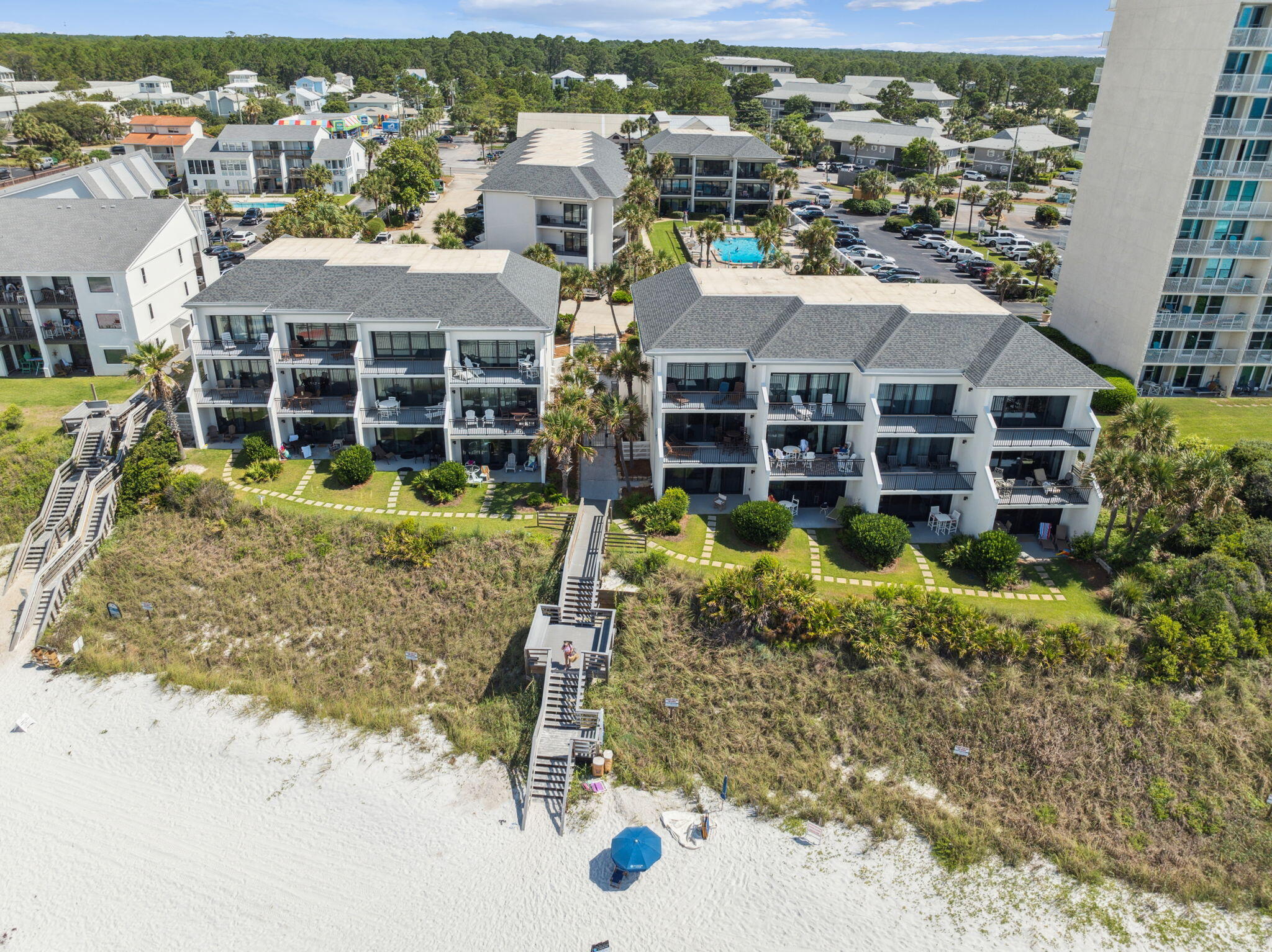 an aerial view of a house with a yard potted plants and large tree