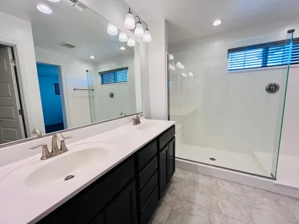 a bathroom with a double vanity sink a large mirror and shower