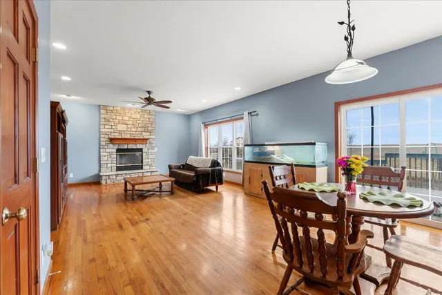 a view of a dining room with furniture window and outside view