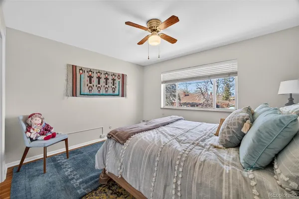 a bedroom with a bed and a painting on the wall