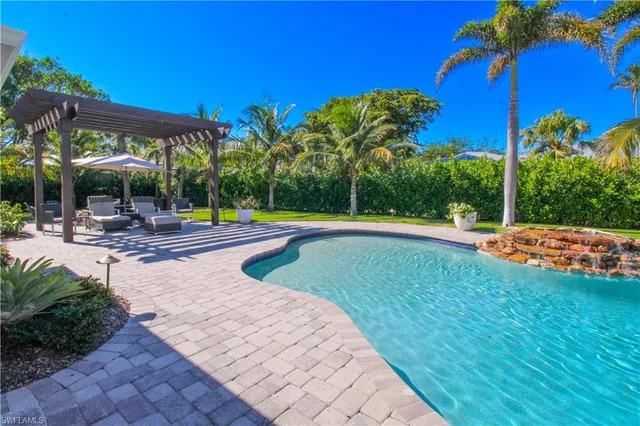 a view of a swimming pool with a yard