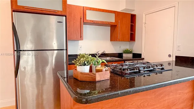a kitchen with a stove a sink and a refrigerator