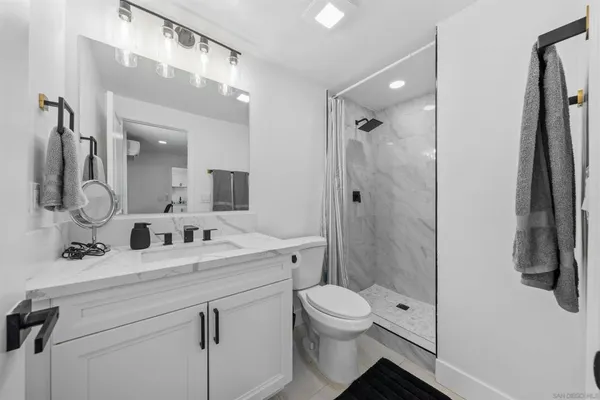 a bathroom with a sink a toilet a mirror and shower