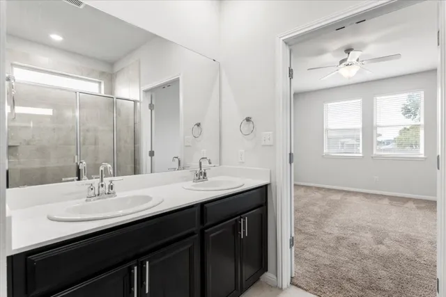 a bathroom with a sink double vanity and a mirror