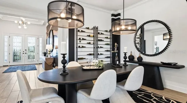 a view of a dining room with furniture