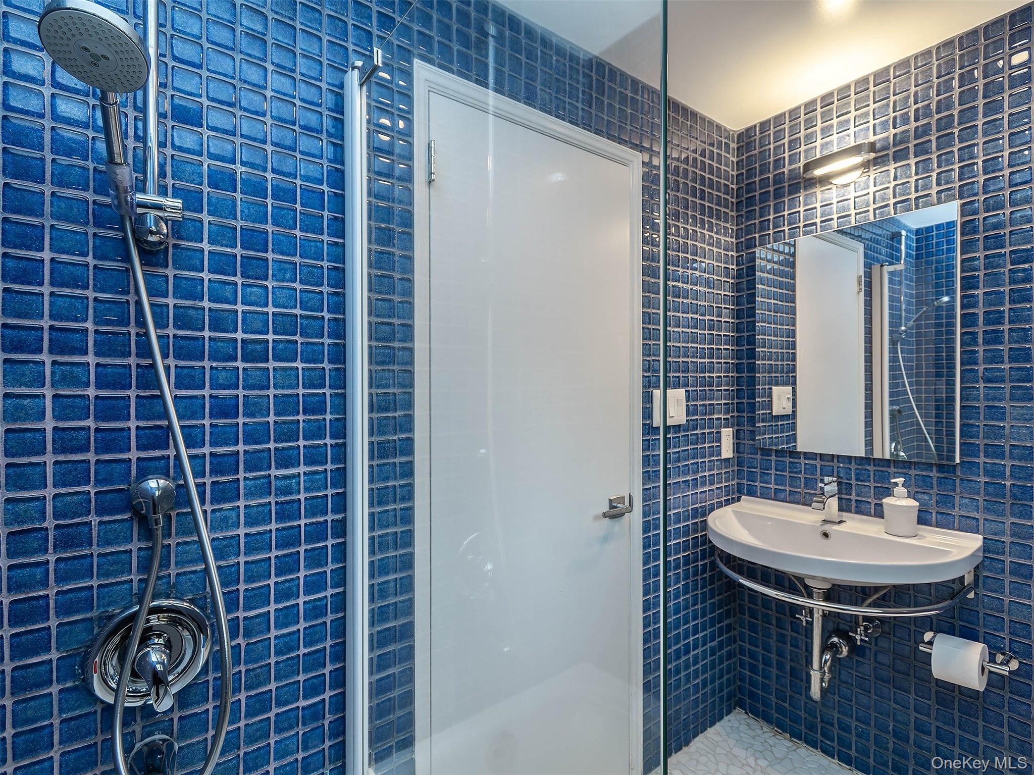 7 SE Road Sands Point, NY 11050 - Photo 36 of 45 a bathroom with a sink a mirror and shower