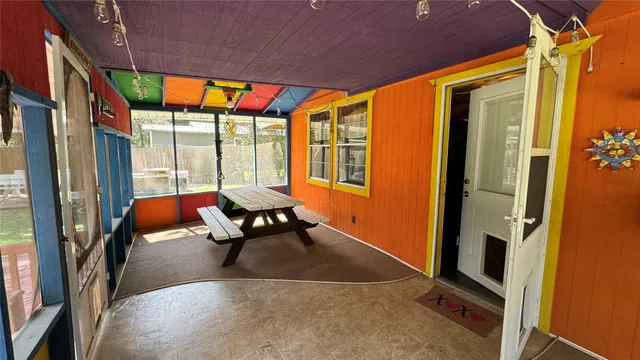 a building outdoor space with seating area