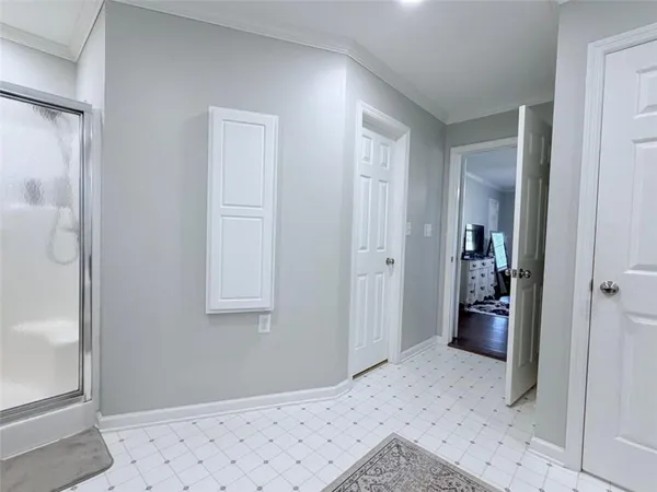 a view of a yard with large trees