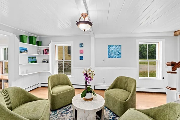 a living room with furniture and a potted plant