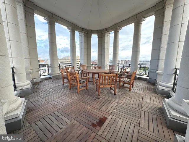 an outdoor space with seating