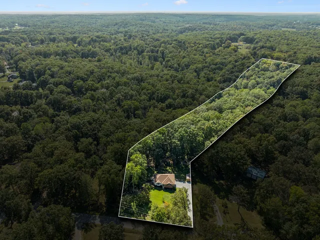 an aerial view of residential houses with outdoor space and trees