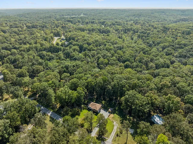 an aerial view of residential houses with outdoor space and trees