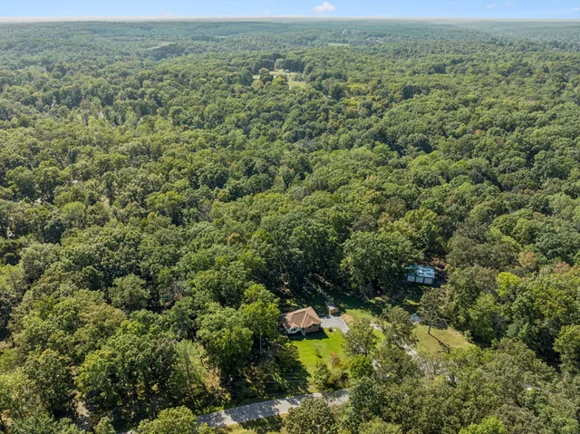 an aerial view of residential houses with outdoor space and trees