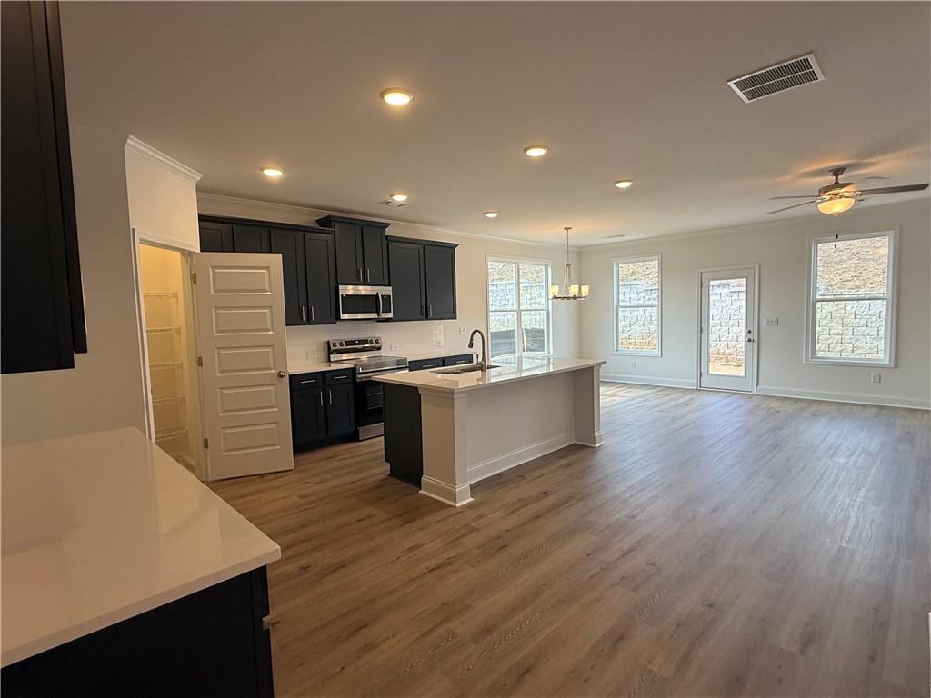 3979 Streamlet Way, Unit 153 Gainesville, GA 30506 - Photo 8 of 17 a kitchen with kitchen island granite countertop wooden floors stainless steel appliances and sink