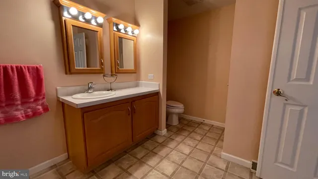 a bathroom with a sink a toilet and mirror