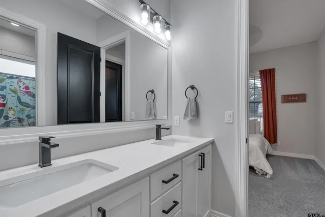 a bathroom with a sink and a mirror