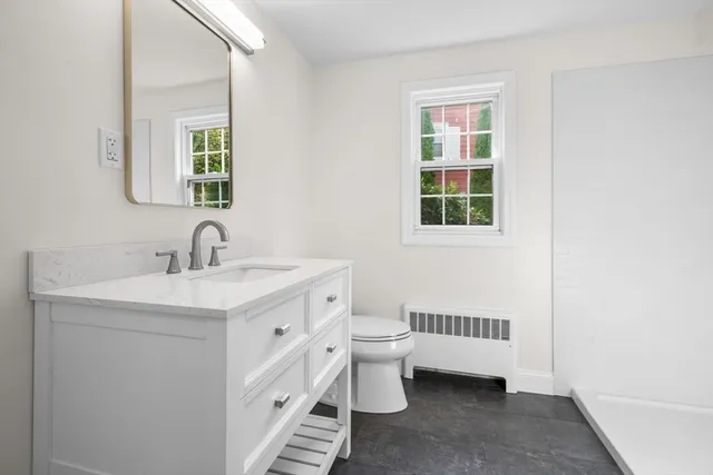 a bathroom with a sink toilet and a window