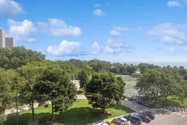 a view of a city with lush green forest