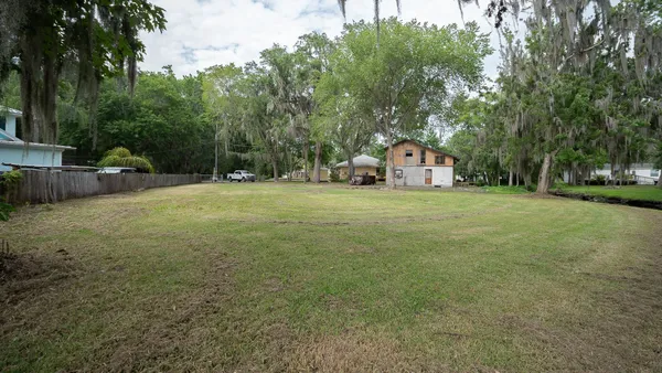 a view of a backyard with large trees