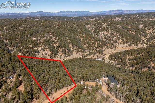 107 Haven Road Divide, CO 80814 - Photo 2 of 13 Aerial view of property's location with a mountain backdrop and property boundaries highlighted. This is approximate and does not represent a survey