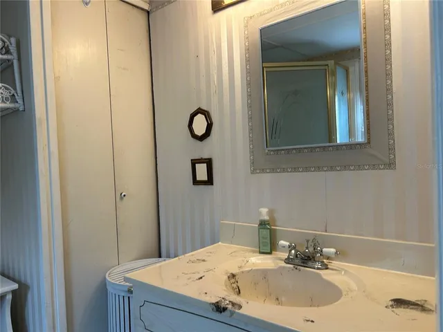 a bathroom with a sink and a mirror