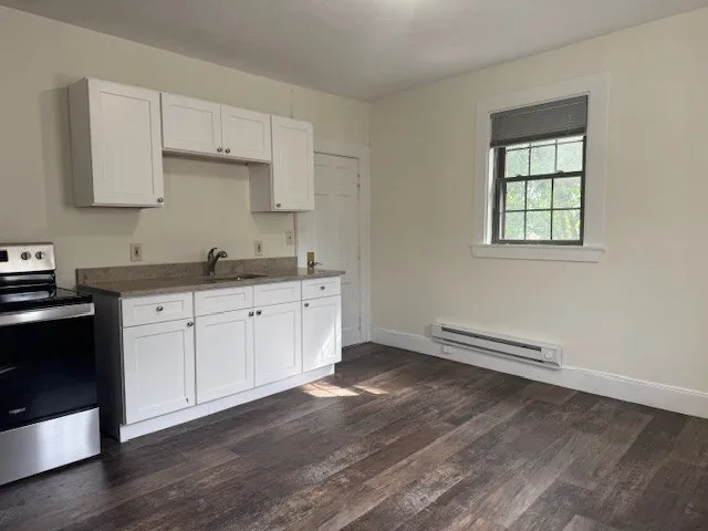 a kitchen with a sink cabinets and wooden floor