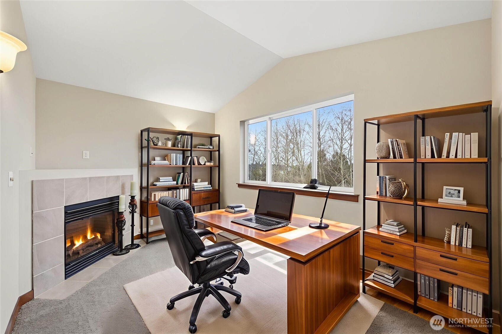 18408 41st Drive Southeast Bothell, WA 98012 - Photo 17 of 25 a living room with furniture a bookshelf and a fireplace